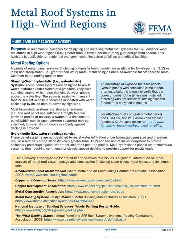 FEMA - Metal Roof Systems in High Wind Regions